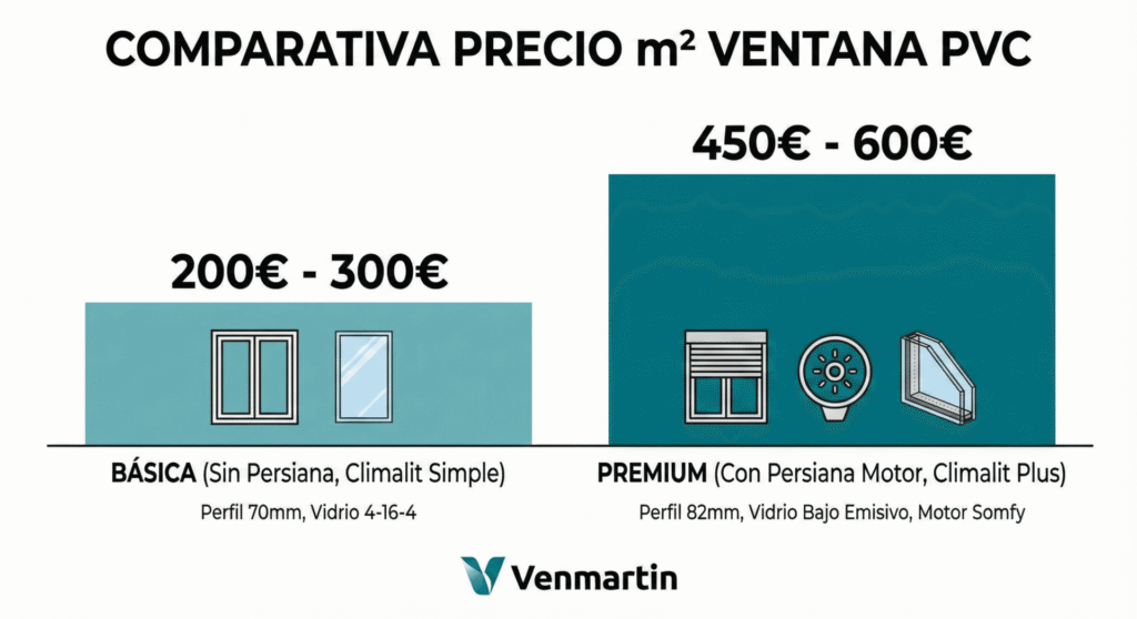 Infografía comparativa de precio por m2 de ventana PVC básica frente a premium con persiana motorizada y Climalit